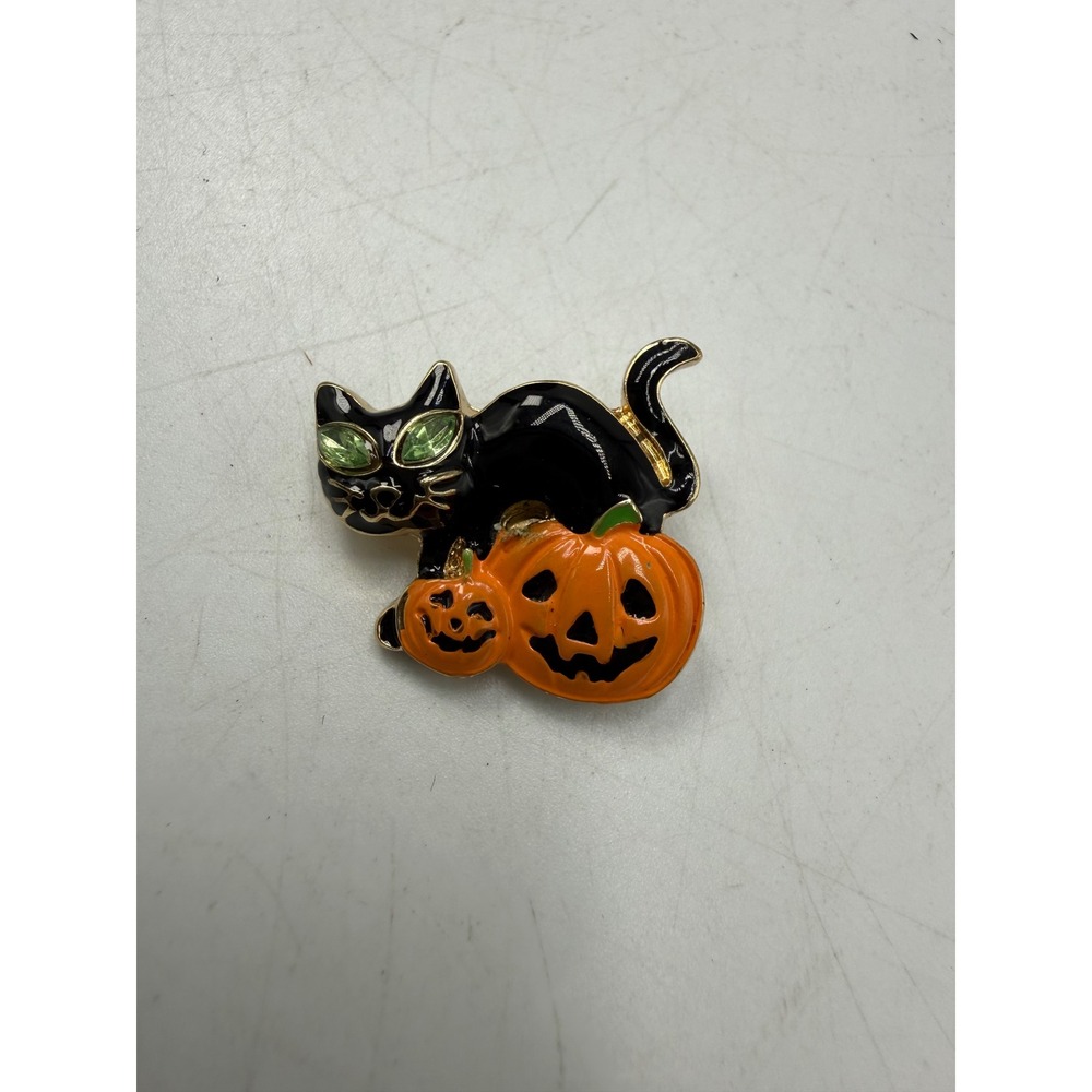 Halloween Black Cat Pumpkin Brooch Enamel Pin Gold Tone Green Rhinestone Eyes
